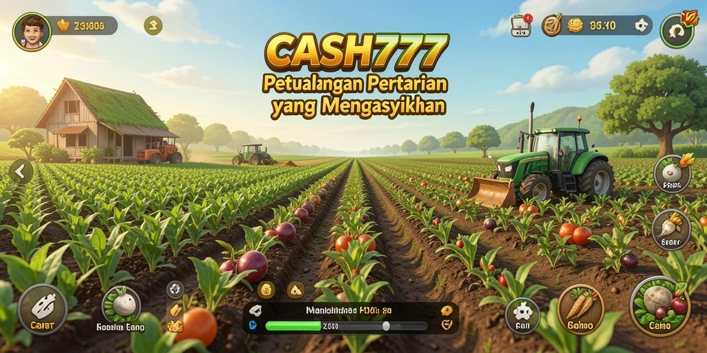 Screenshot gameplay <strong>CASH777</strong> menunjukkan ladang hijau yang subur dan aktivitas seru.