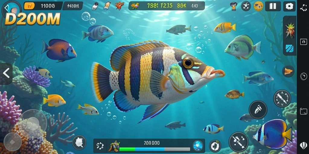 Tampilan gameplay D200M yang penuh warna dan dinamis saat menembak ikan.