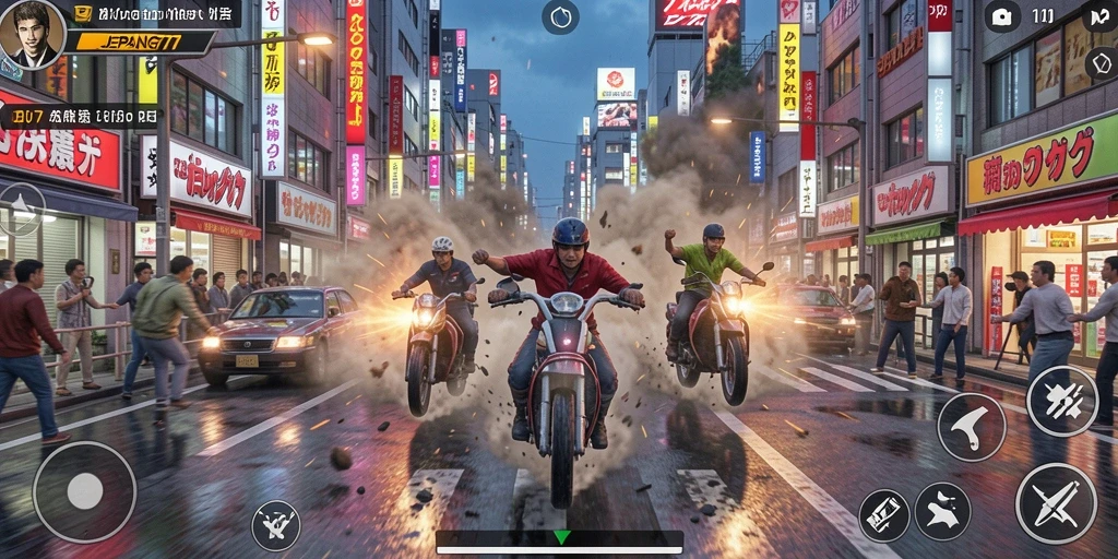 Screenshot gameplay JEPANG77 dengan mobil balap melaju di lintasan Tokyo.