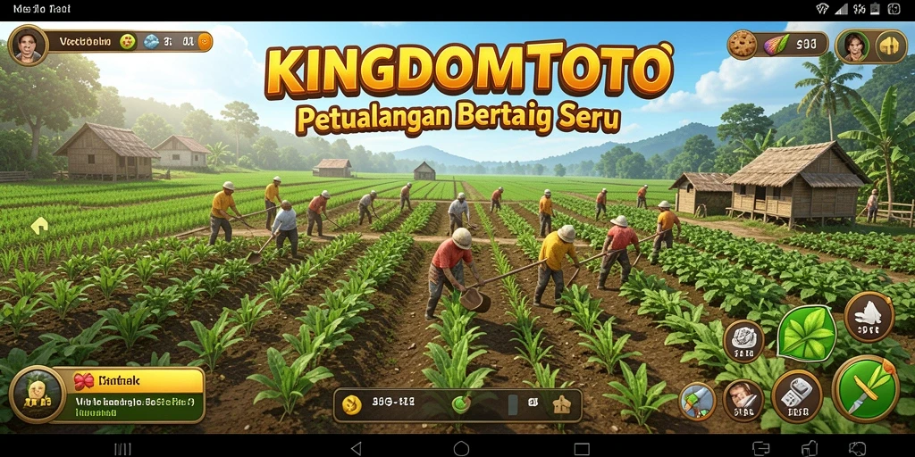 Screenshot gameplay KINGDOMTOTO menampilkan aktivitas bertani yang dinamis.