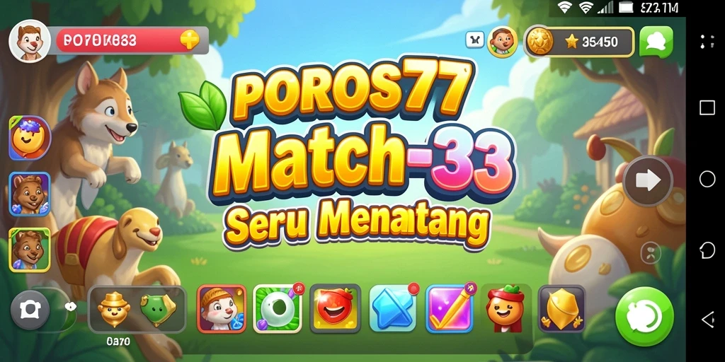Screenshot POROS77 menunjukkan gameplay Match-3 yang mengasyikkan dan penuh warna.